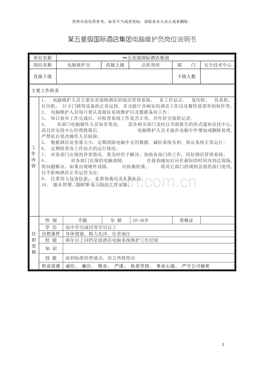 五星级国际酒店集团电脑维护员岗位说明书.doc_第2页