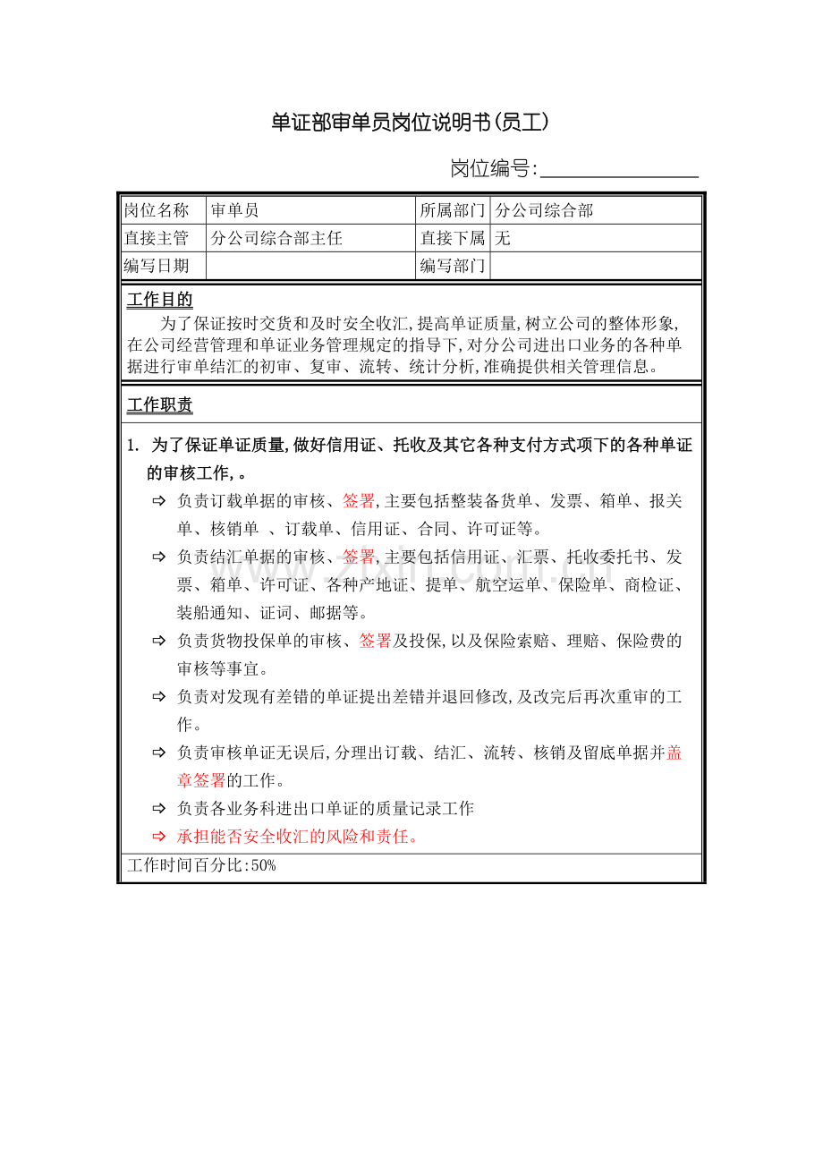 分公司综合部审单员职务说明书.doc_第2页