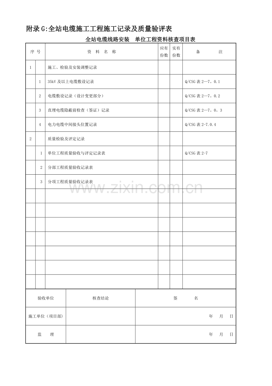 附录G：全站电缆施工工程施工记录及质量验评表.doc_第1页