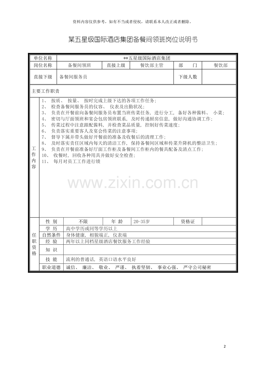 五星级国际酒店集团备餐间领班岗位说明书.doc_第2页