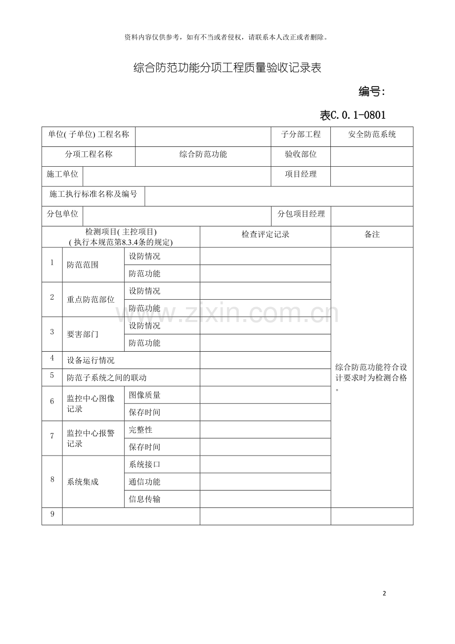 综合防范功能分项工程质量验收记录表模板.doc_第2页