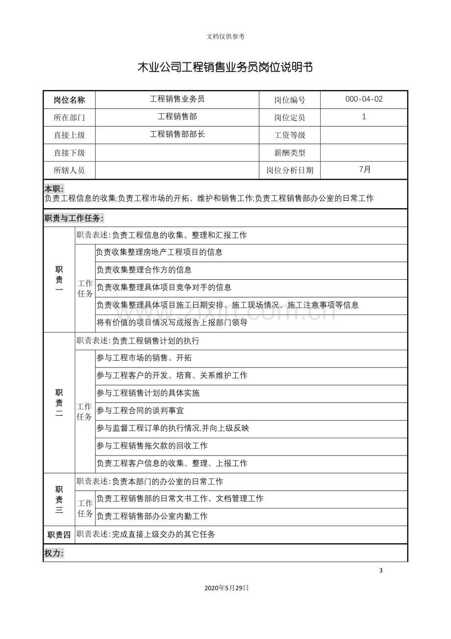 销售行业木业公司工程销售业务员岗位职责说明书.doc_第3页