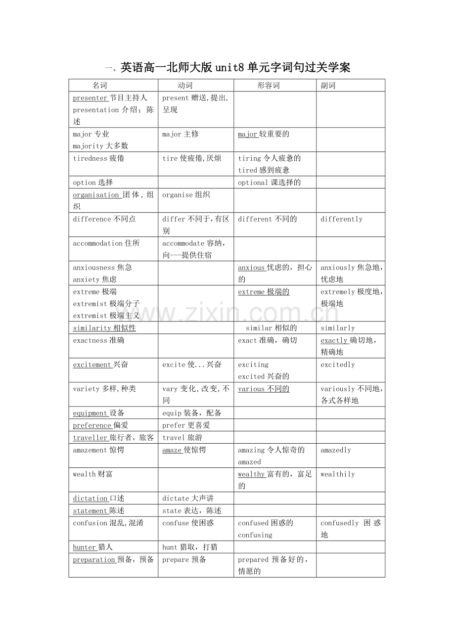 英语高一北师大版unit8单元字词句过关学案.doc_第1页