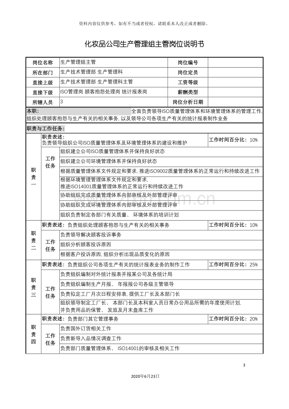 化妆品公司生产管理组主管岗位说明书.doc_第3页