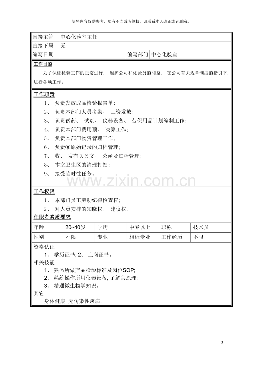 档案试剂管理员岗位说明书模板.doc_第2页