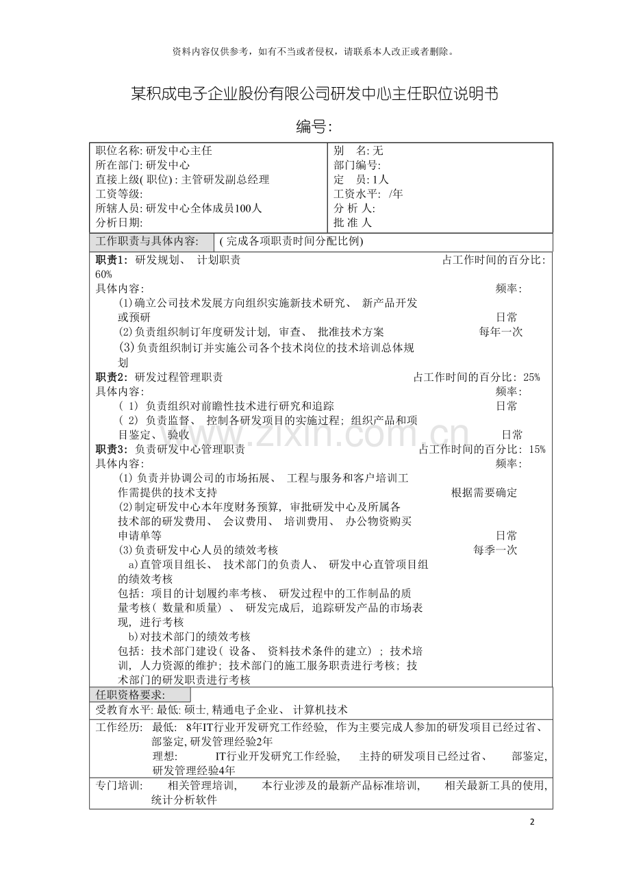 积成电子企业研发中心主任职位说明书模板.doc_第2页