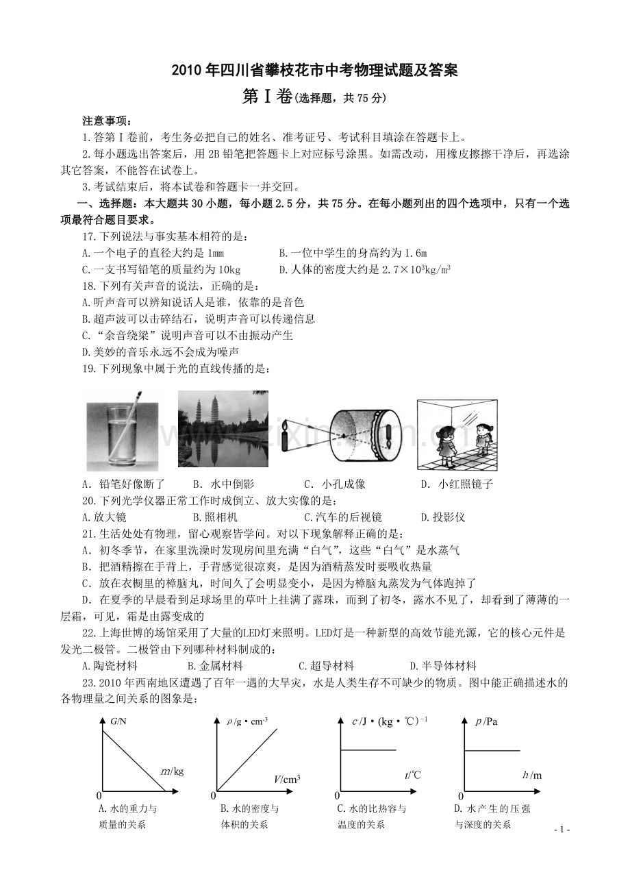 2010年四川省攀枝花市中考物理试题及答案.doc_第1页