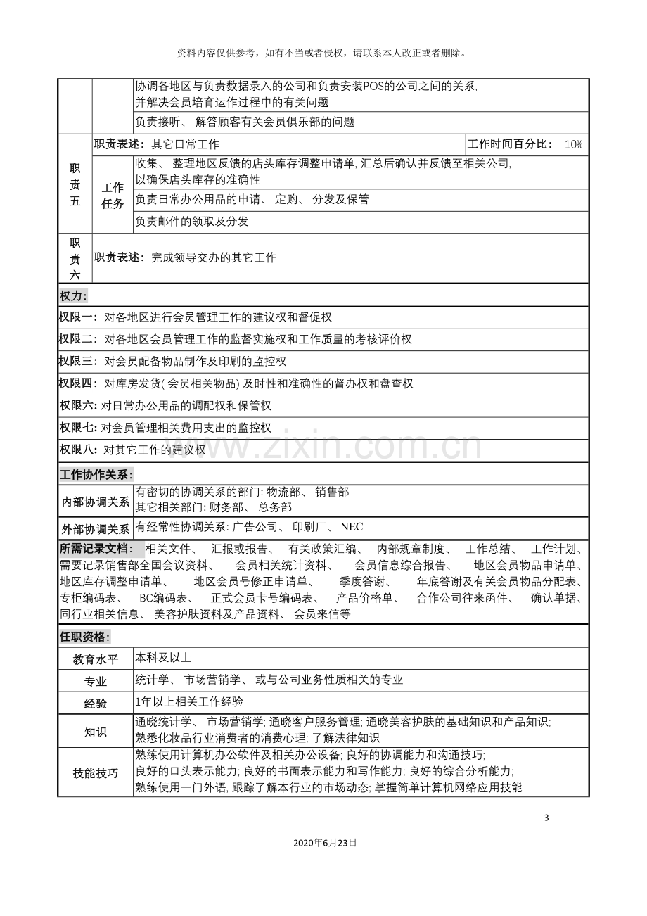 化妆品公司会员管理担当岗位说明书.doc_第3页