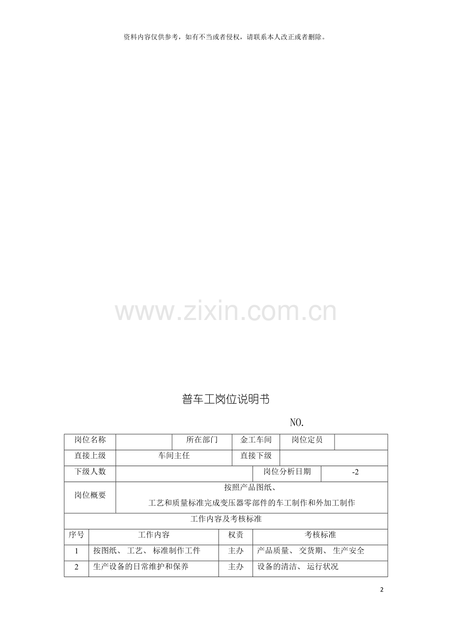 电力集团大型电气配件企业普车工岗位说明书模板.doc_第2页