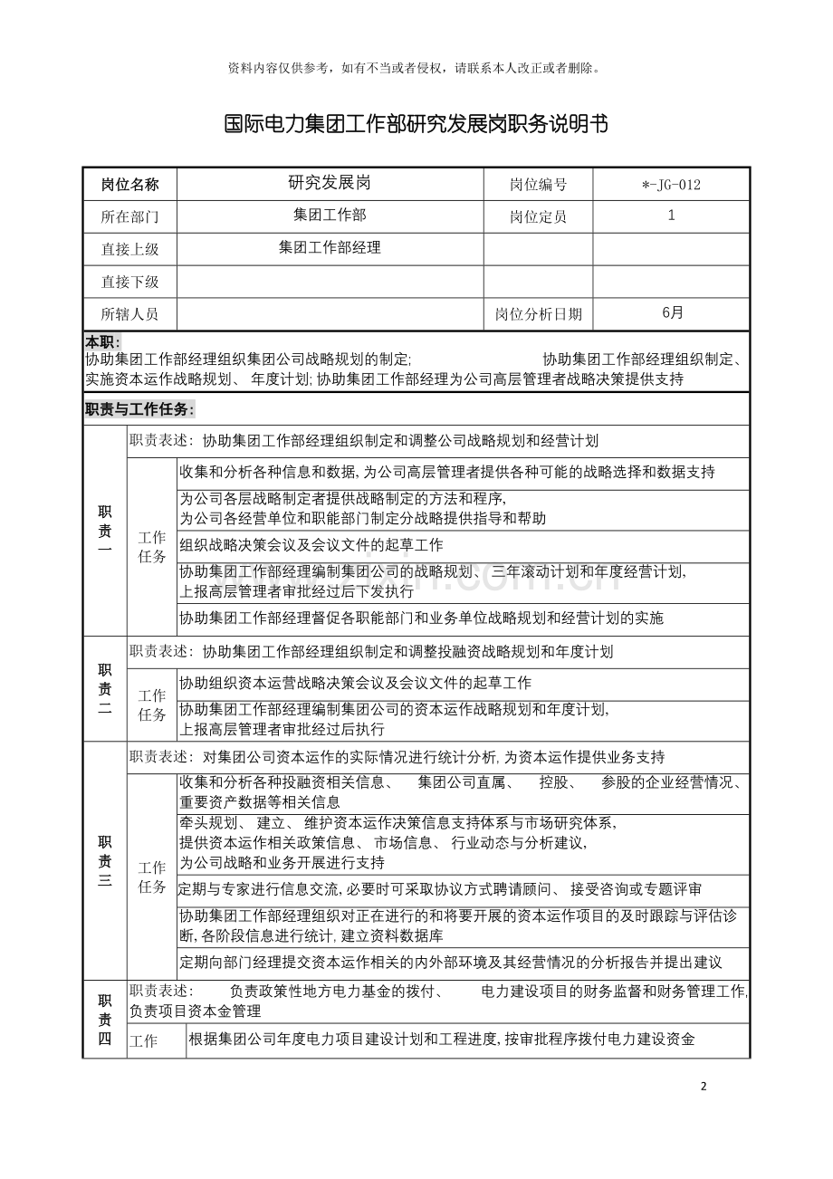 电力集团工作部研究发展岗职务说明书模板.doc_第2页