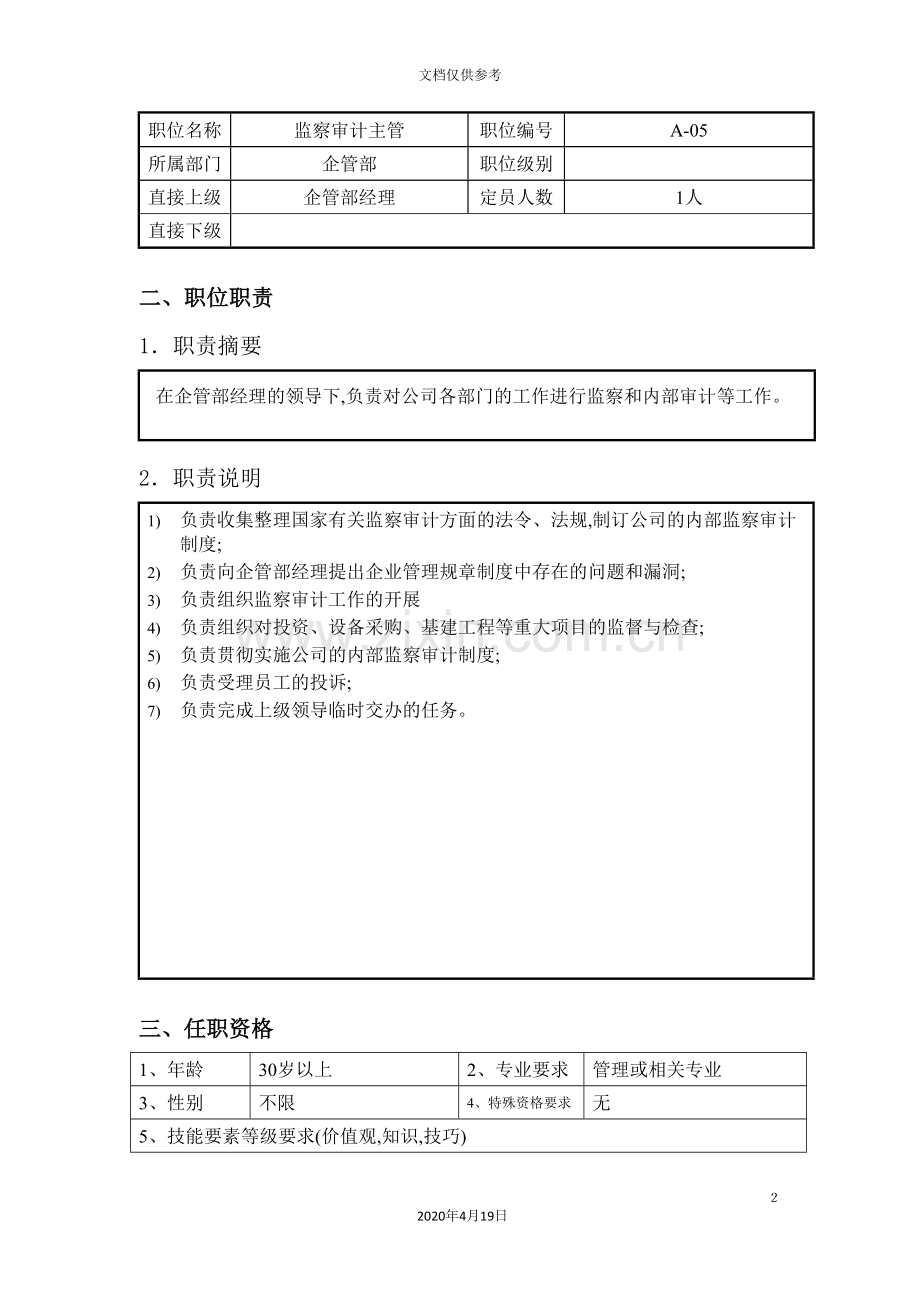 监察审计主管岗位说明书.doc_第2页