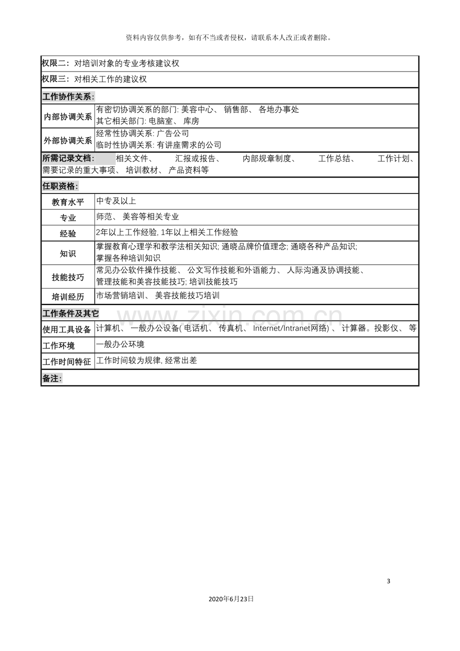 化妆品公司讲座担当岗位说明书.doc_第3页