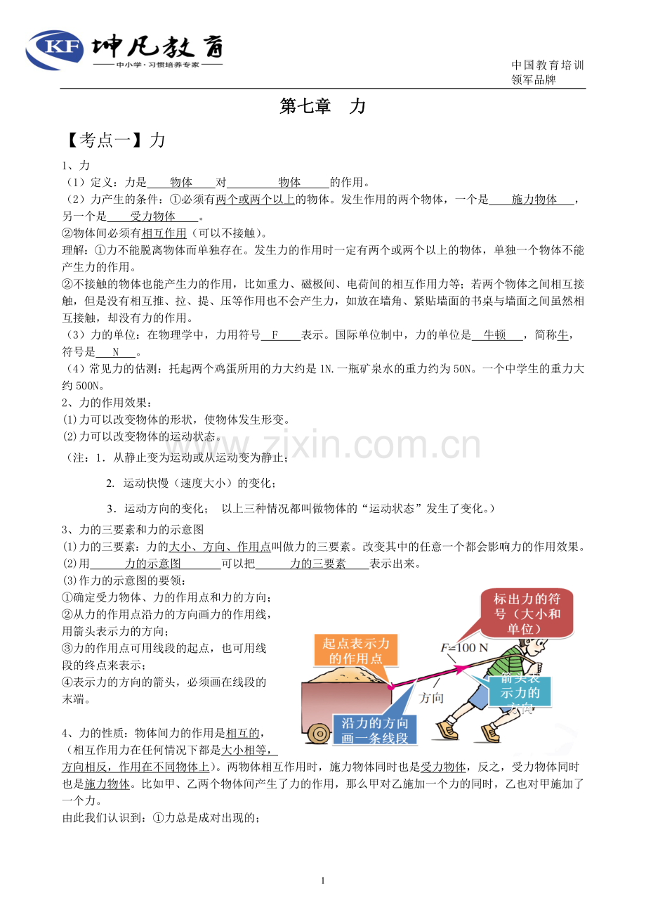 初中物理第七章力知识点及习题总结.doc_第1页