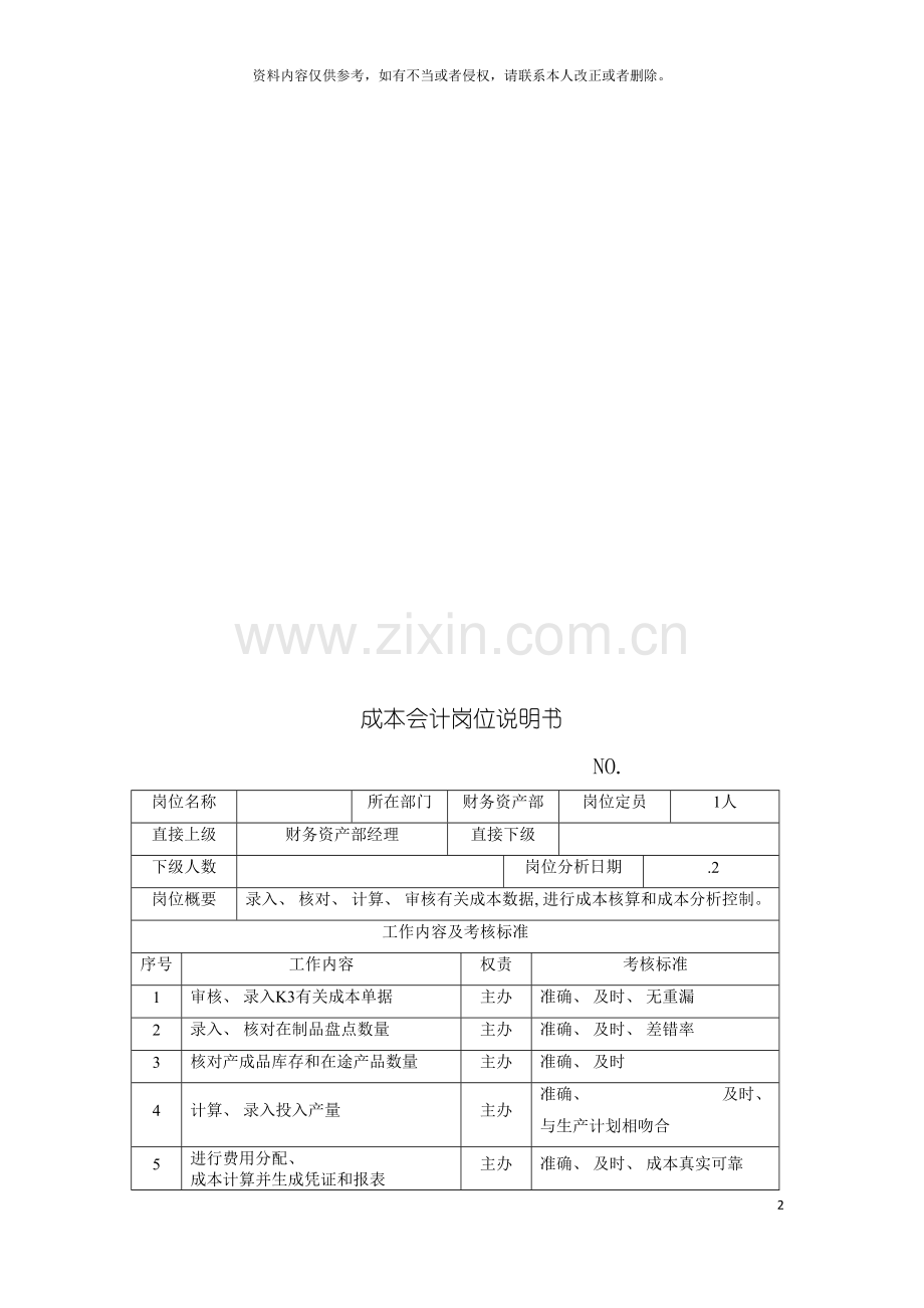 电力集团大型配件配套企业成本会计岗位说明书模板.doc_第2页