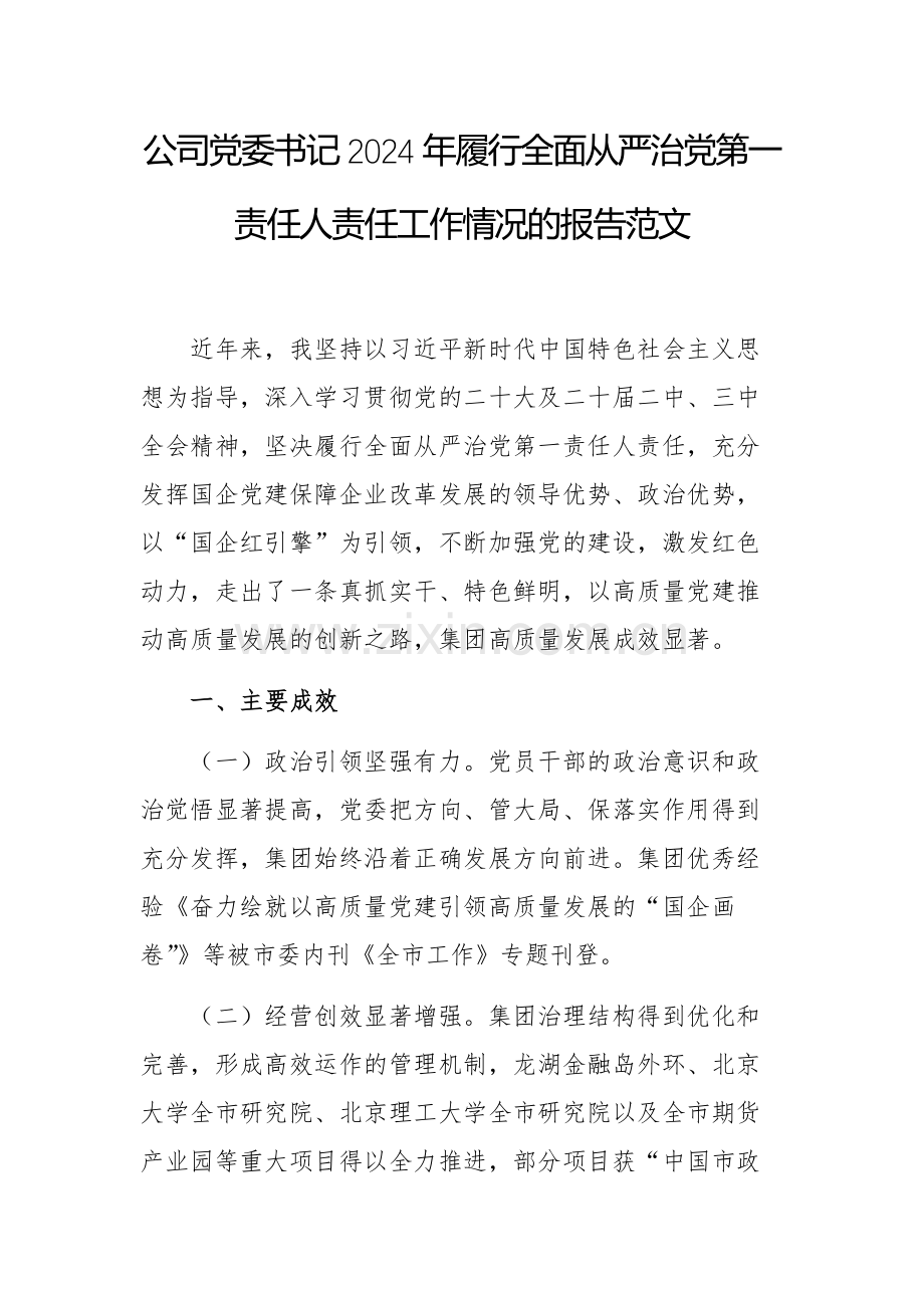 公司党委书记2024年履行全面从严治党第一责任人责任工作情况的报告范文.docx_第1页