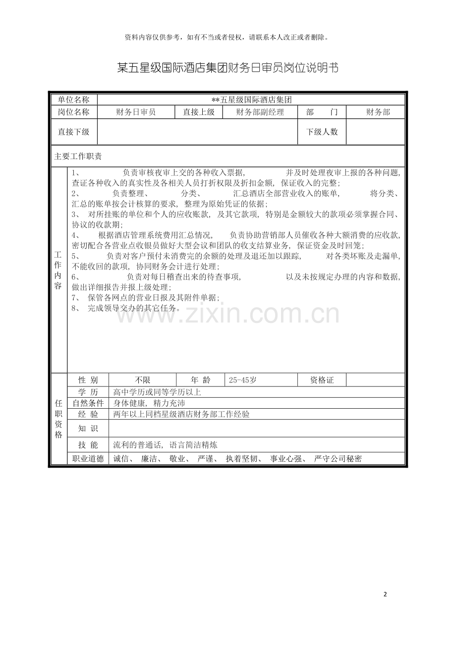 五星级国际酒店集团财务日审员岗位说明书.doc_第2页