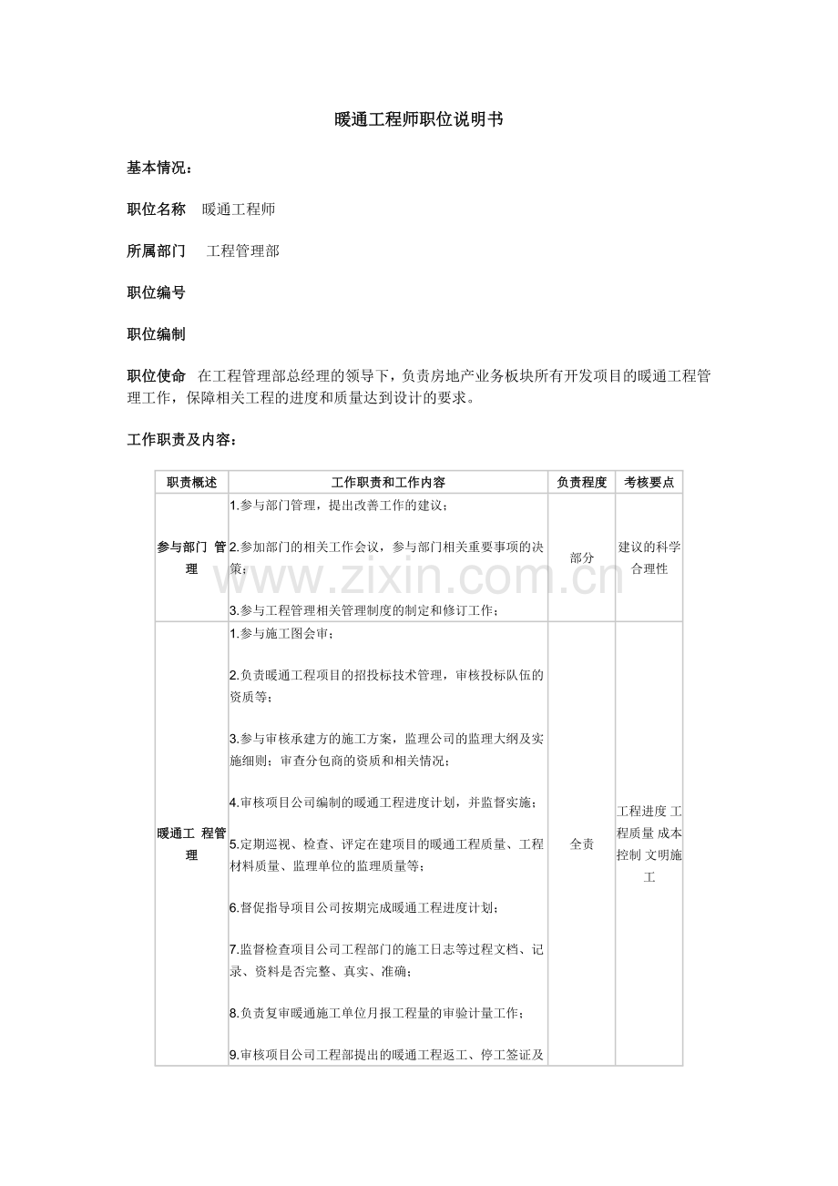 暖通工程师职位说明书.doc_第1页