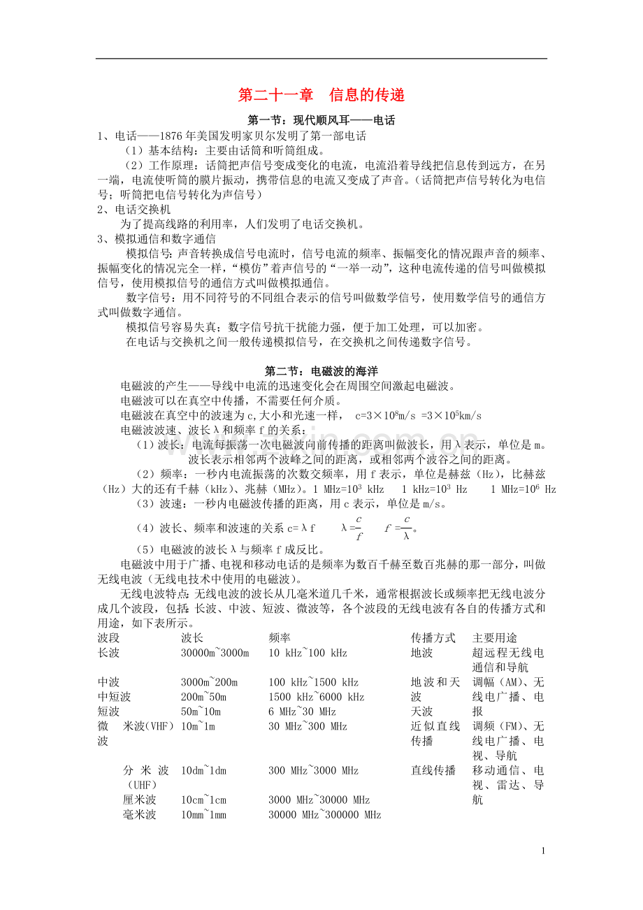 -九年级物理全册第二十一章信息的传递知识点汇总(新版)新人教版.doc_第1页