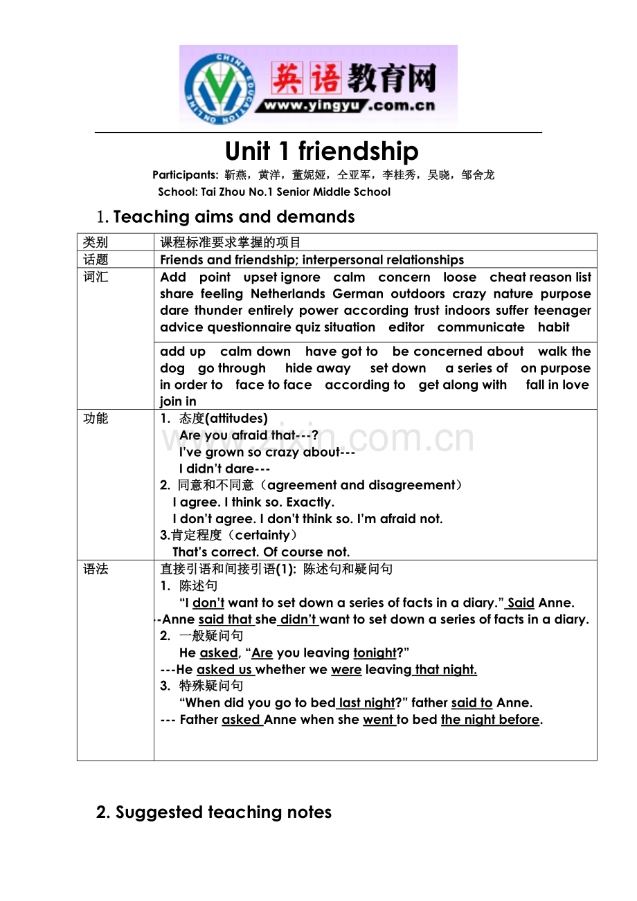 人教版高一英语必修一Unit1friendship全单元教案.doc_第1页