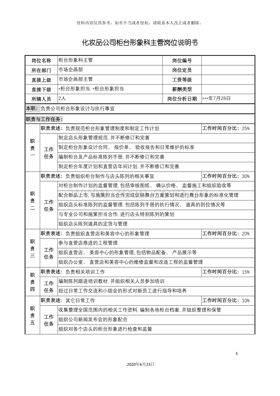 化妆品公司柜台形象科主管岗位说明书.doc_第3页