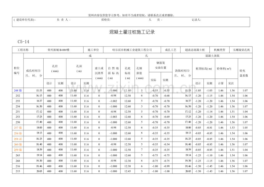 超流态桩混凝土灌注桩施工记录模板.doc_第2页