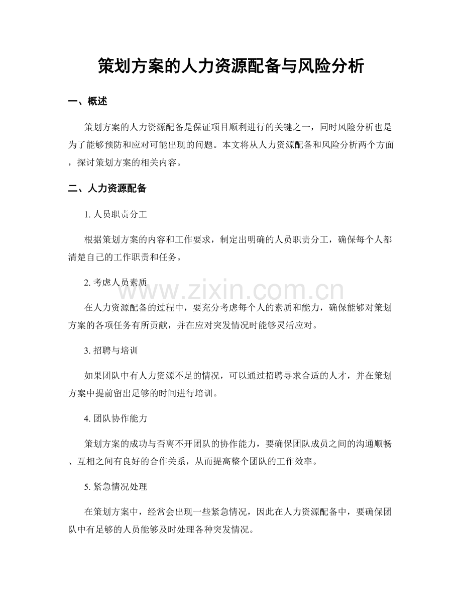 策划方案的人力资源配备与风险分析.docx_第1页