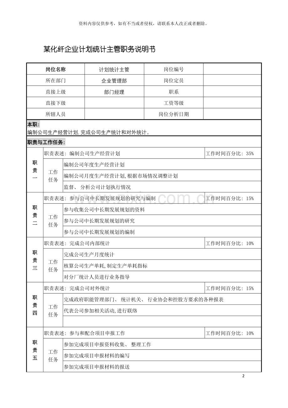 化纤企业计划统计主管职务说明书.doc_第2页