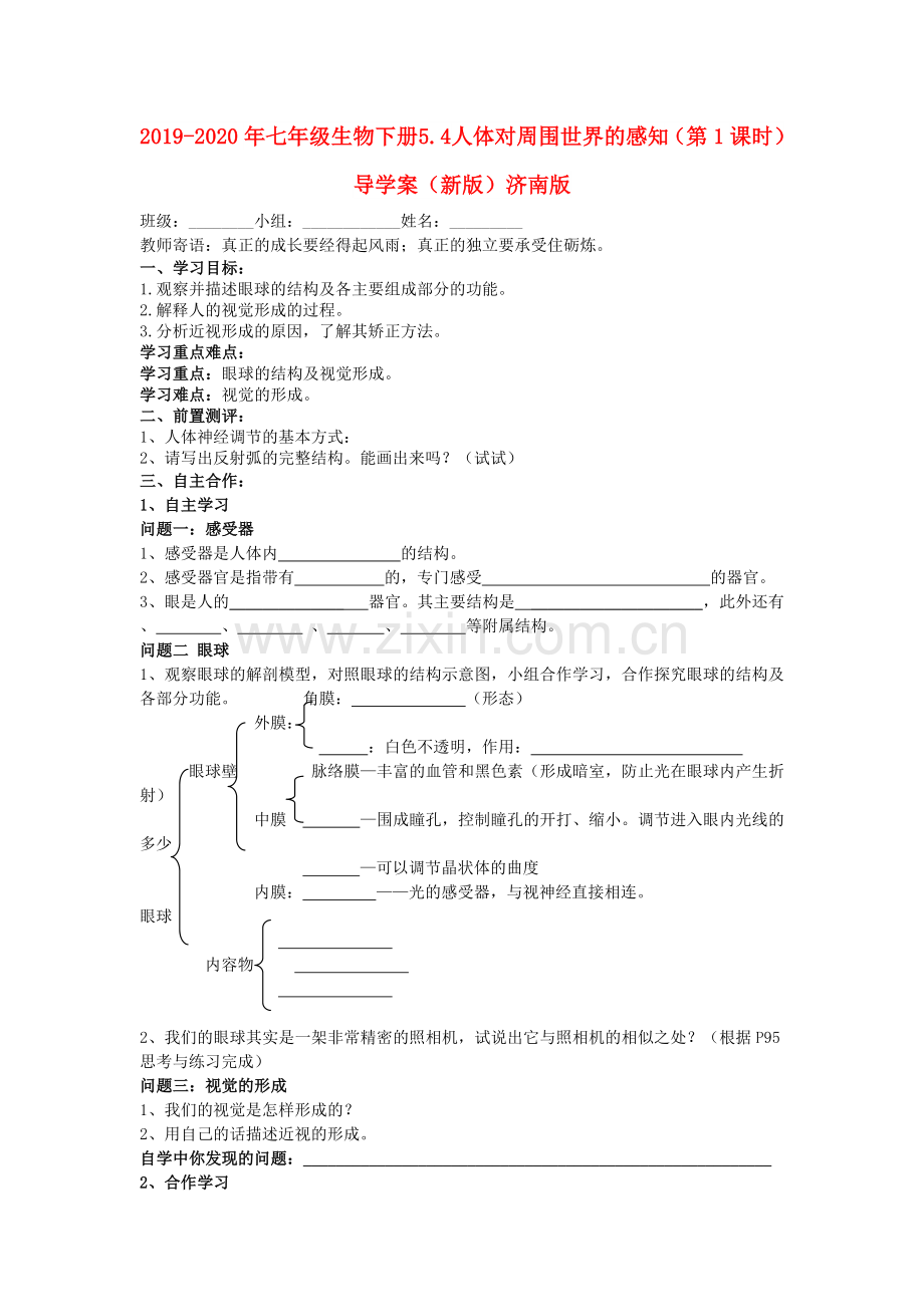 2019-2020年七年级生物下册5.4人体对周围世界的感知(第1课时)导学案(新版)济南版.doc_第1页