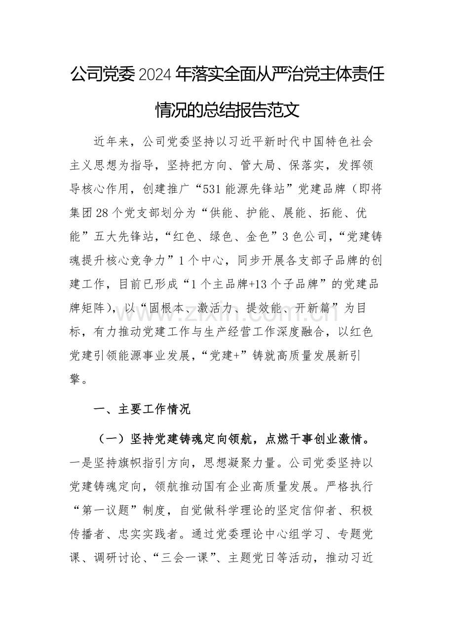 公司党委2024年落实全面从严治党主体责任情况的总结报告范文.docx_第1页