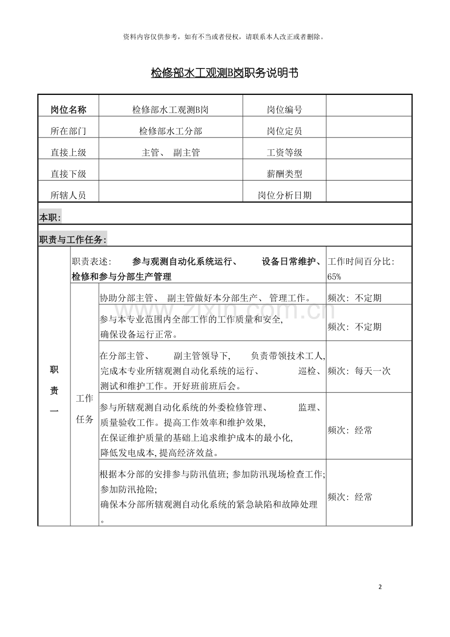 检修部水工观测B岗职务说明书模板.doc_第2页