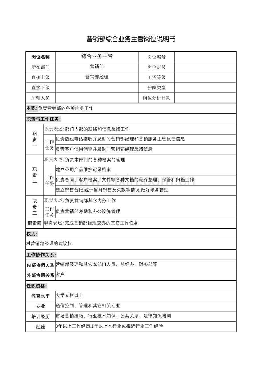 营销部综合业务主管岗位说明书.doc_第2页