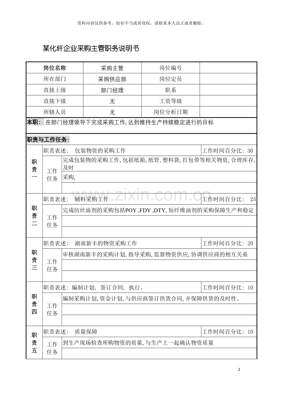 化纤企业采购主管职务说明书.doc_第2页