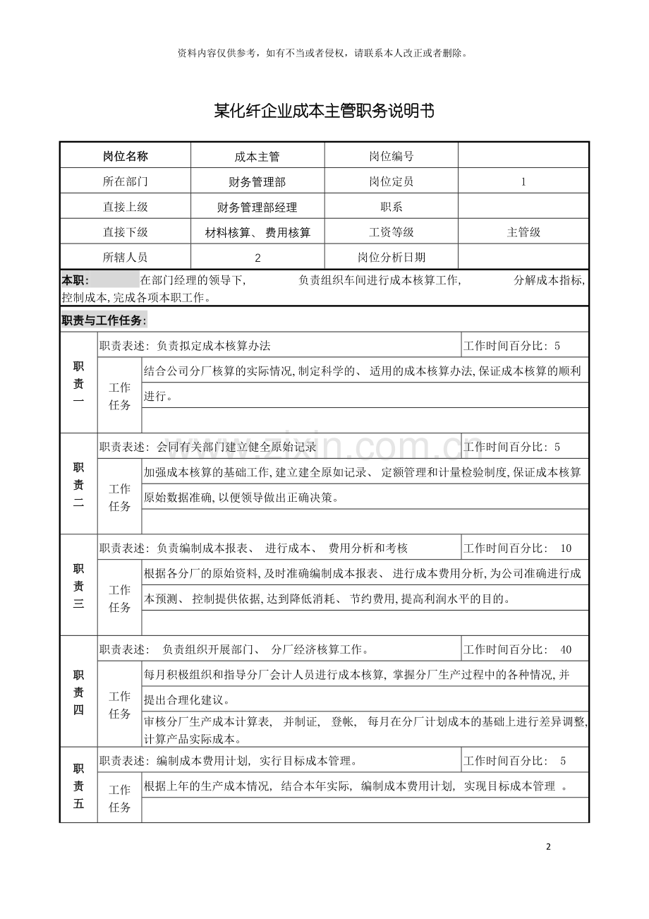 化纤企业成本主管职务说明书.doc_第2页