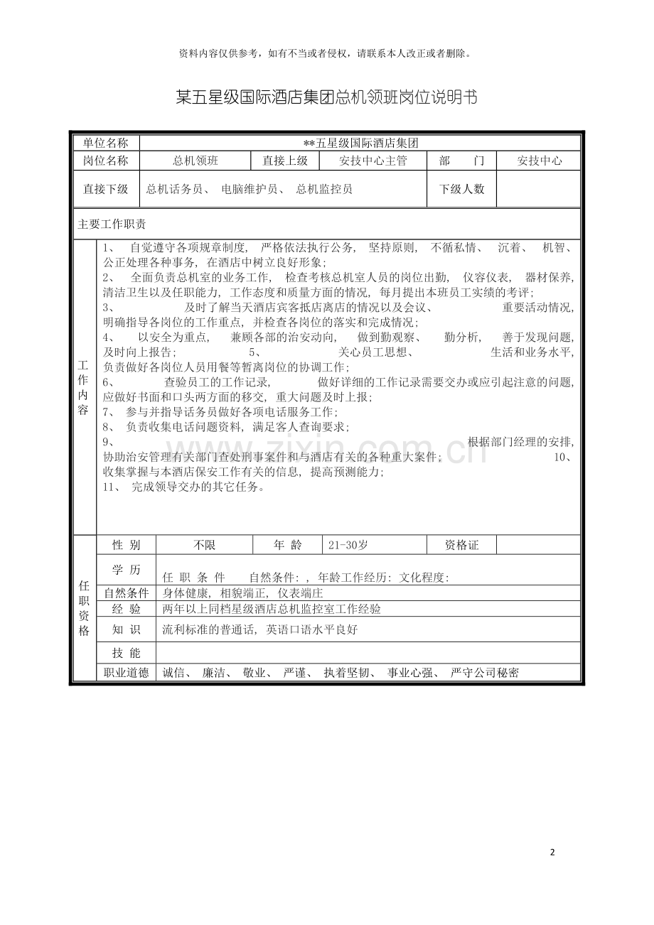 五星级国际酒店集团总机领班岗位说明书.doc_第2页