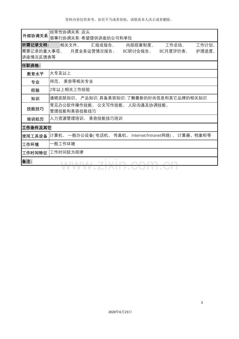 化妆品公司广场培训担当岗位说明书.doc_第3页