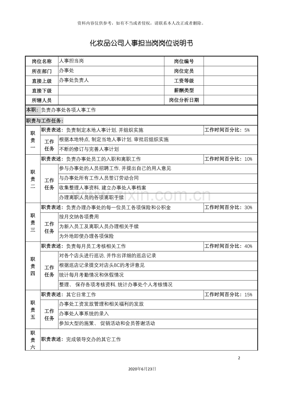 化妆品公司人事担当岗岗位说明书.doc_第2页