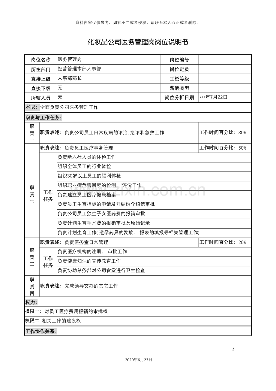 化妆品公司医务管理岗岗位说明书.doc_第2页