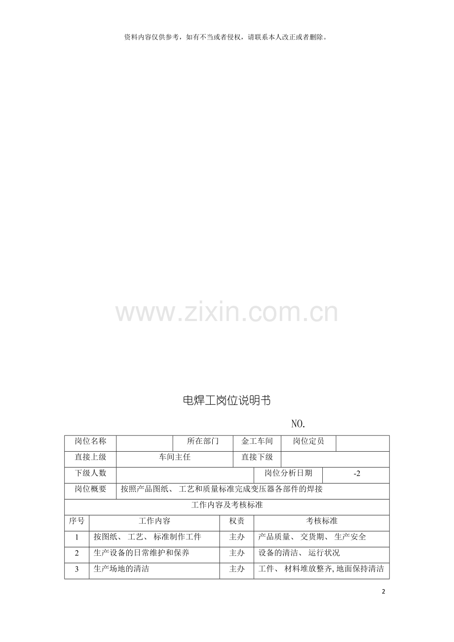 电力集团大型电气配件企业电焊工岗位说明书模板.doc_第2页