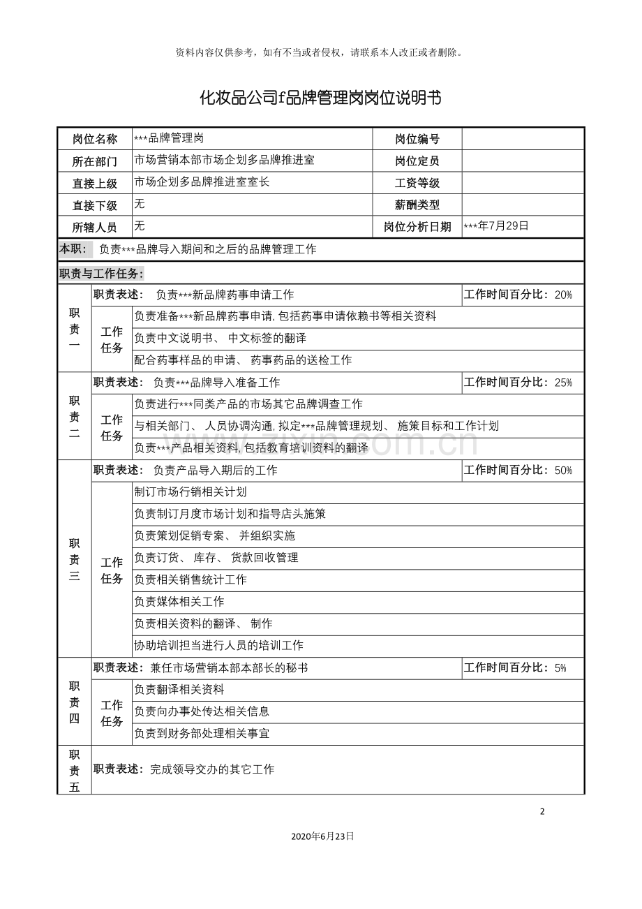 化妆品公司f品牌管理岗岗位说明书.doc_第2页