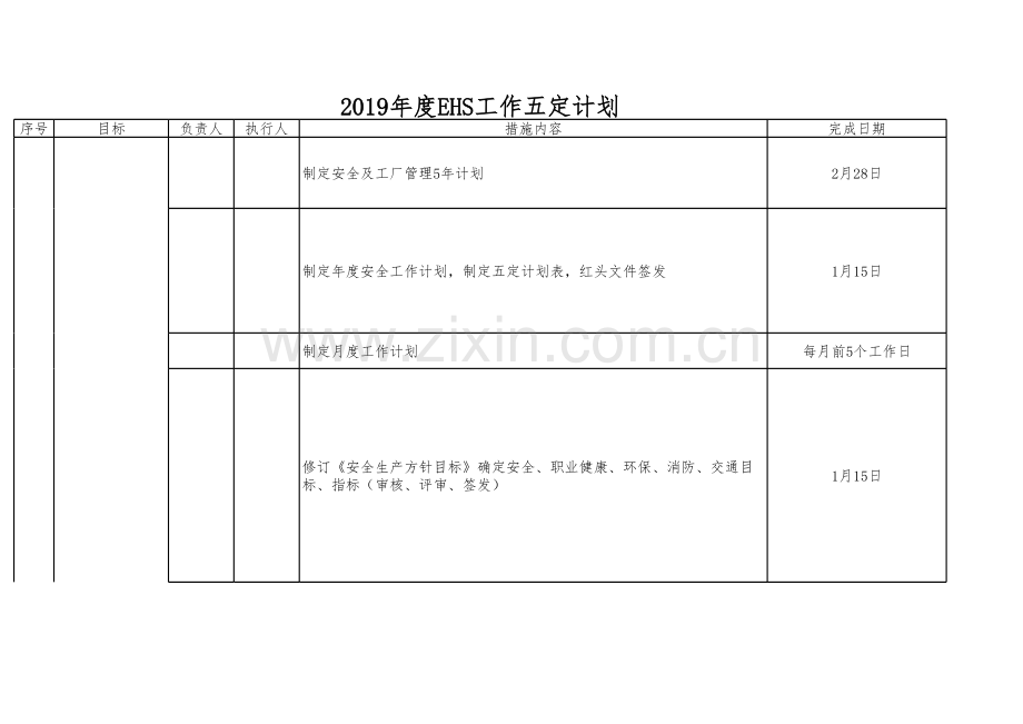 2019年度EHS工作五定计划.xls_第1页