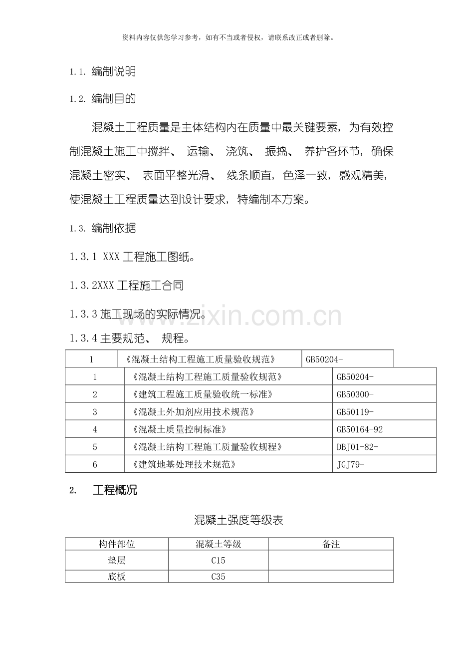 混凝土施工专项方案模板.doc_第1页