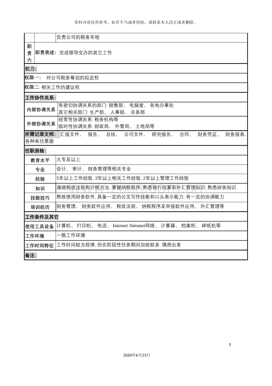 化妆品公司财务科主管岗位说明书.doc_第3页