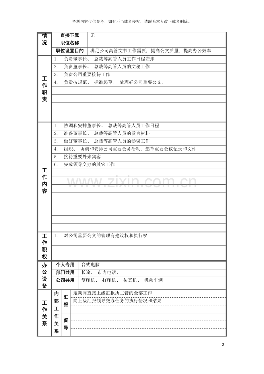 行政管理部总裁秘书岗位说明书模板.doc_第2页