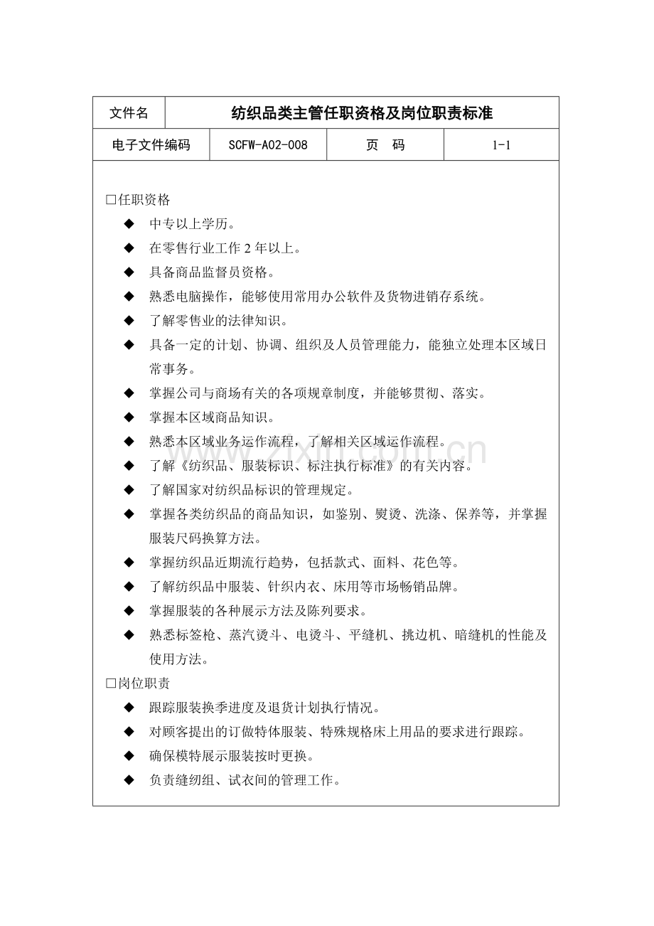 纺织品类主管任职资格及岗位职责标准.doc_第1页