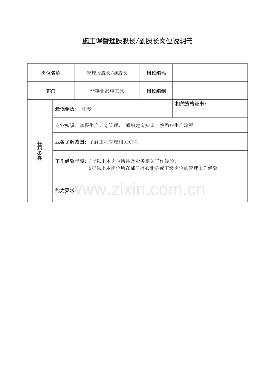 广船国际事业部施工科管理股股长副股长岗位说明书模板.doc_第2页