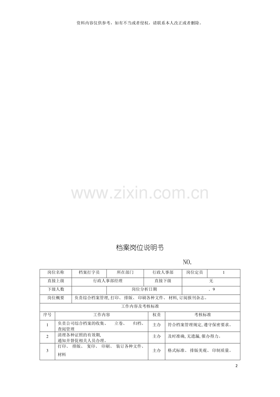 电力集团大型电气配件企业档案员岗位说明书模板.doc_第2页