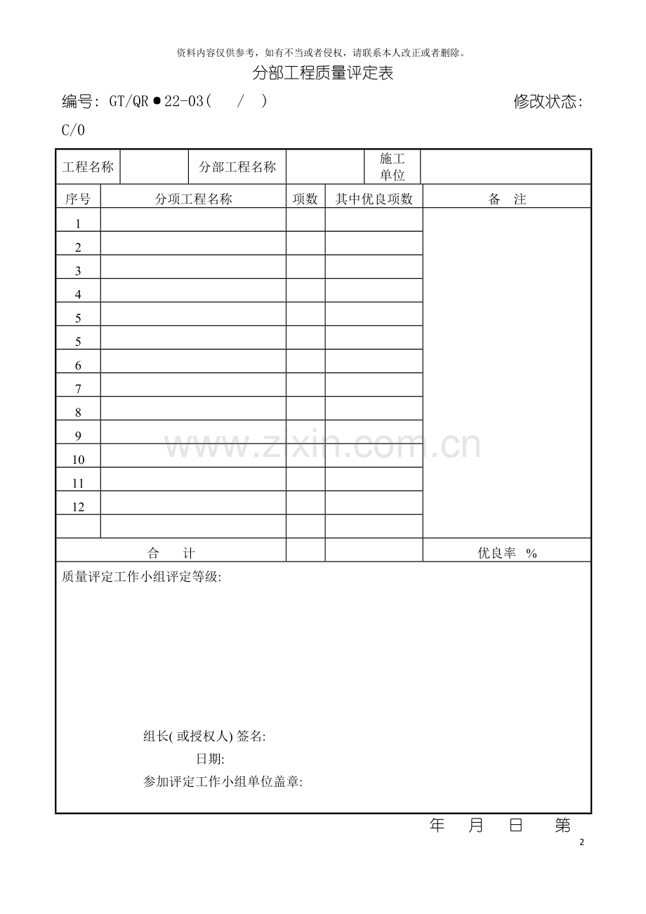 分部工程质量评定表模板.doc_第2页