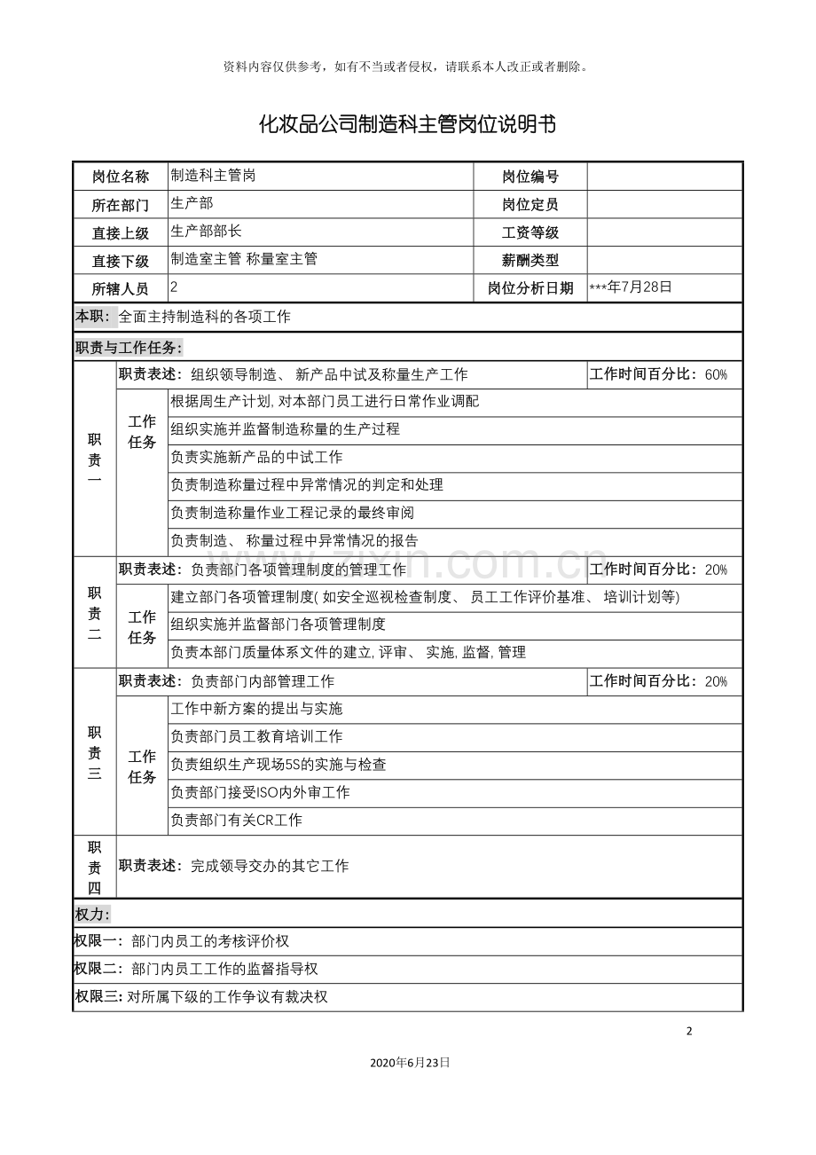 化妆品公司制造科主管岗位说明书.doc_第2页