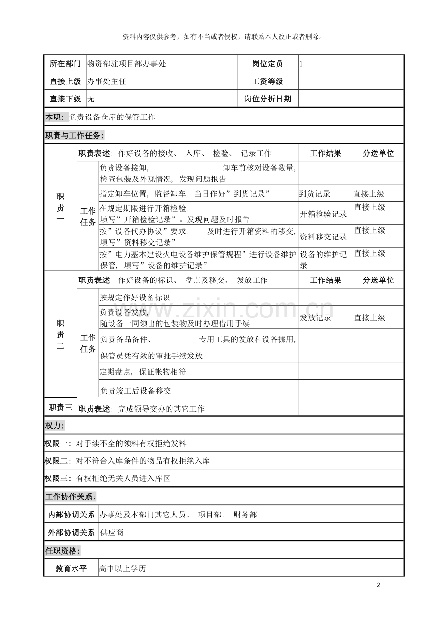 电力公司设备保管员岗位说明书模板.doc_第2页