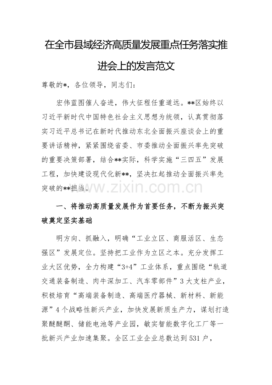 在2024年经济高质量发展重点任务落实推进会上的发言范文.docx_第1页